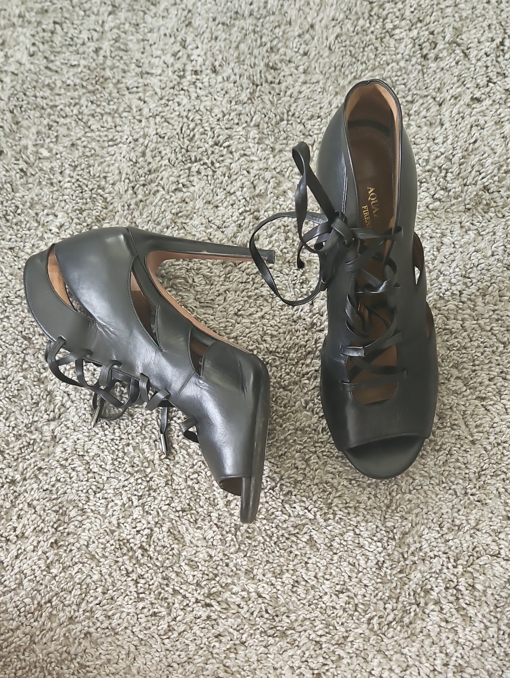 Aquazzura Black Lace-Up Peep Toe Heels 37.5 - Picture 2 of 10